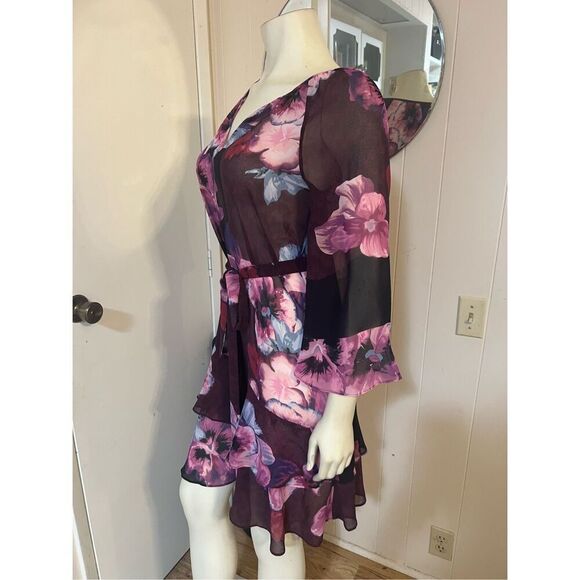 WHBM 3/4 Bell Sleeve Ruffle Kimono Inspired Floral Dress XS - Picture 5 of 9